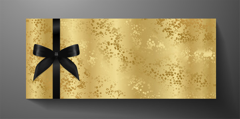 Wall Mural - Luxurious VIP Invitation template with black bow, ribbon on golden textured background. Premium class design for Gift certificate, Voucher, Gift card 