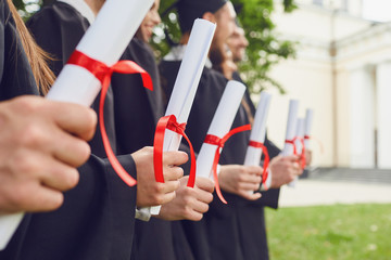 Wall Mural - Scrolls of diplomas in the hands of a group of graduates.