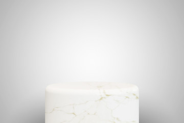 Empty white marble podium on white background. Best for product presentation. 3d rendered round pedestal for placement.