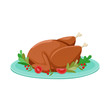 Roasted Thanksgiving turkey with vegetables on the plate. Grilled chicken vector illustration