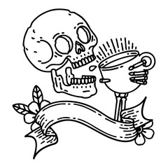 black linework tattoo with banner of a skull drinking coffee