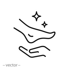 foot care icon, hand with leg, massage foots, body health, thin line web symbol on white background 