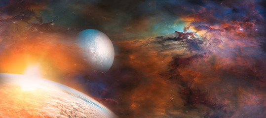 Wall Mural - landscape of sunrise and earth view from space. (elements of this image furnished by nasa)