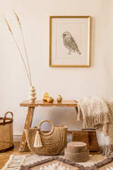Wall Mural - stylish composition of living room interior with mock up frame, wooden bench, pillow, plaid, woman b