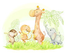 Monkey, Leopard, Giraffe, Elephant, Tropical Plants, Palm Tree. Cute Cartoon Animals. Watercolor Concept On An Isolated Background, For Children's Holidays.