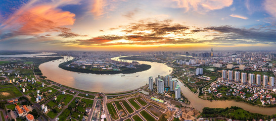 Top view aerial of Tan Thuan Export Processing Zone and center Ho Chi Minh City, Vietnam  with development buildings, transportation, energy power infrastructure. View from District 2