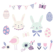 Cute Easter Vector Clip Art Set, Easter Bunnies And Decorated Eggs Illustrations