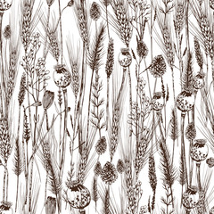 Wall Mural - Seamless pattern with meadow wild flowers, wheat spikelets and poppy seed boxes.