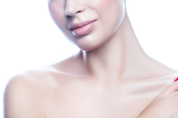 Wall Mural - Lips, neck, part of beauty face with perfect skin of cute young woman. Skincare health body care facial treatment concept