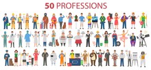 50 Professions. Big Set Of Professions In Cartoon Flat Style For Children. International Workers' Day, Labour Day