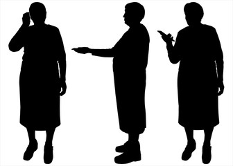 Vector illustration of group of old senior people using digital devices - talking, texting. Vector black silhouettes isolated on a white background. Grandma and the phone. Holds out the phone in hand.