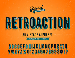 'Retroaction' Vintage 3D Sans Serif Condensed Alphabet with Rich Colours. Retro Font. Stylish Typography. Vector Illustration.