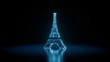 © Destrosvet - 3d rendering wireframe neon glowing symbol of Eiffel tower on black background with reflection