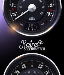 Retro Speedometer. Tachometer. Realistic vector. Vintage car speedometer 1960s. Classic. Pattern Miles speedometer on motorcycle a vintage style.