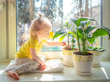 A Little Blonde Baby Girl In Yellow Clothes Sits On A Windowsill Among Flowers In Pots. The Girl Smiles And Looks With A Playful Look. The Bright Spring Sun Shines Through The Window.
