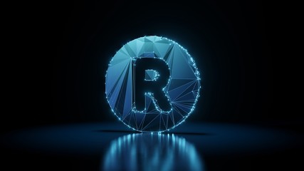 3d rendering wireframe neon glowing symbol of registered on black background with reflection