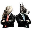 Color comic style illustration of a republican elephant and a democratic donkey