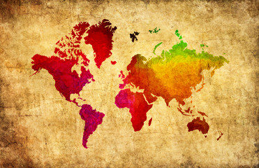 Colorful World Map on grunge paper parchment background