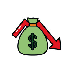 money bag and arrow icon, line and fill style