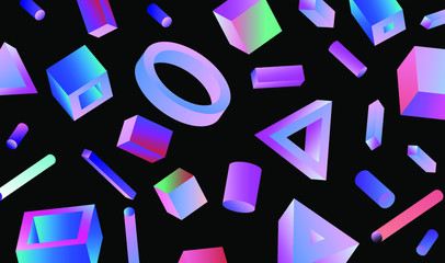 Aufkleber - Neo-memphis bauhaus retrowave abstract background. Neon holographic chromatic 3d shapes - polygon, cube, prism, cylinder, cuboid, ect. Retrofuturistic print for t-shirt, notebook, poster, cover.
