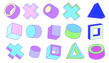 Aufkleber - Set of simple geometic 3D elements in bauhaus neo-memphis retro style, colored in punchy pastel color scheme. Abstract geometric background for poster, cover, print.