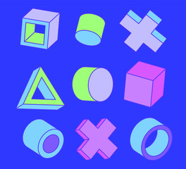 Aufkleber - Set of simple geometic 3D elements in bauhaus neo-memphis retro style, colored in punchy pastel color scheme. Abstract geometric background for poster, cover, print.