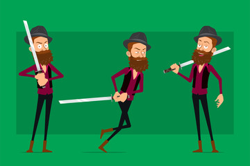 Ready for animations. Smiling man fighting with katana sword. Isolated on green background. Big vector icon set.