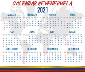 Venezuela Calendar with flag. Month, day, week. Simply flat design. Vector illustration background for desktop, business, reminder, planner