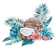 Tropical watercolor bouquet with tropical leaves coconut and flower