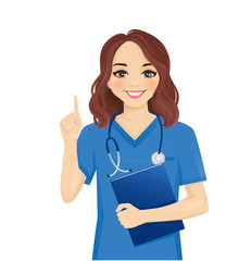 Wall Mural - Female woman nurse character pointing finger up isolated vector illustartion