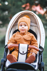 Cute little beautiful one year old boy sitting in a stroller