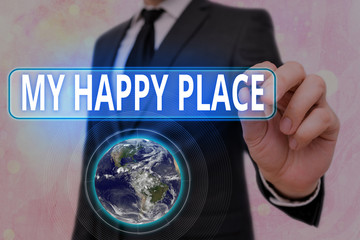 Word writing text My Happy Place. Business photo showcasing something nice has happened or they feel satisfied with life Elements of this image furnished by NASA