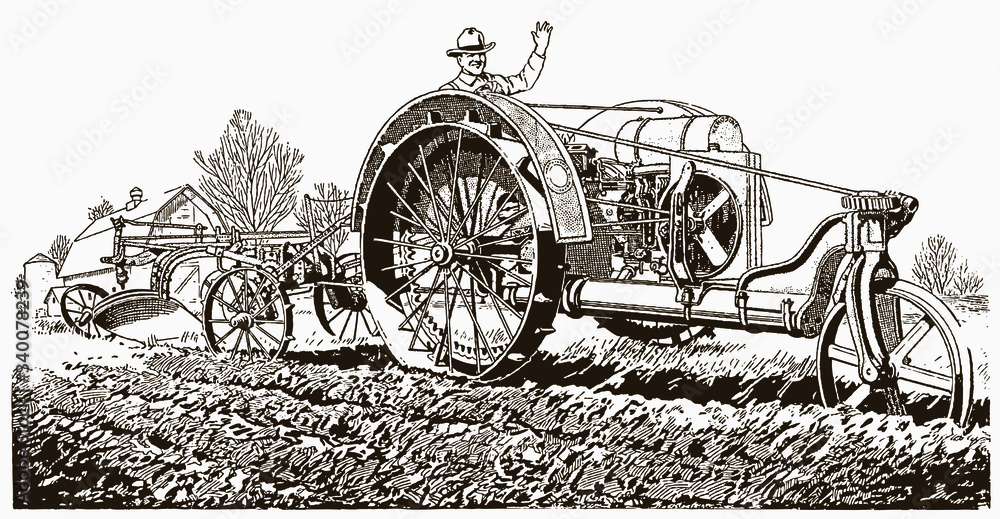 Historical farmer waving his hand and driving a tractor with a plow in ...