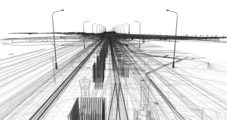 Wall Mural - the bim model of the object of transport infrastructure of wireframe view