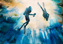 Watercolor Group Of Divers In The Depth Of Ocean. Original Illustration Of Two Divers In Different Poses, On Dramatic Underwater Background With Sunlights