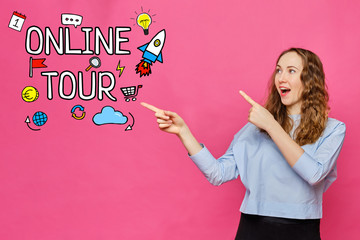 online tour concept - girl on a pink background with text and icons.