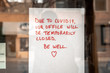 © Joseph Kirsch - White piece of paper with red marker handwritten text and heart is taped to a glass storefront of a business or retail establishment in Chicago during the coronavirus pandemic and stay at home orders.