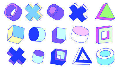 Aufkleber - Set of simple geometic 3D elements in bauhaus neo-memphis retro style, colored in punchy pastel color scheme. Abstract geometric background for poster, cover, print.