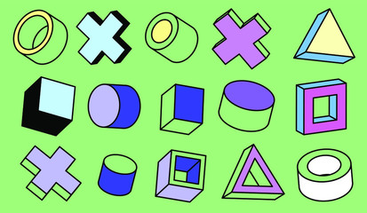 Aufkleber - Set of simple geometic 3D elements in bauhaus neo-memphis retro style, colored in punchy pastel color scheme. Abstract geometric background for poster, cover, print.