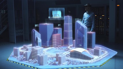 Aufkleber - Industry 4.0: Modern Professional Architect Wearing Virtual Reality Headset Uses Gestures to Move, Design, Manipulate Buildings for 3D City. Mixed Augmented Reality Software. VFX Special Visual Effect