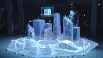 Aufkleber - Industry 4.0: Modern Professional Architect Wearing Virtual Reality Headset Uses Gestures to Move, Design, Manipulate Buildings for 3D City. Mixed Augmented Reality Software. VFX Special Visual Effect