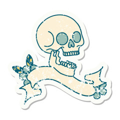 grunge sticker with banner of a skull