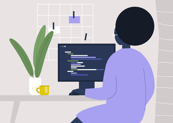 young black female character writing code on a desktop computer, working from home, millennials at w