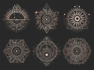Wall Mural - vector set of sacred symbols and geometry figures on black background. gold abstract signs.