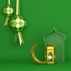 Wall Mural - Ketupat traditional food for eid mubarak or Selamat Hari Raya Idul Fitri in Indonesia or Malaysia, gold arabic lantern and crescent moon, copy space text area, 3D rendering illustration.