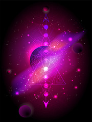Wall Mural - Vector illustration of Sacred geometric symbol against the space background with planets and stars.