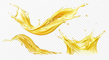 Splash Of Juice Or Yellow Water Isolated On Transparent Background. Vector Realistic Set Of Liquid Waves Of Falling And Flowing Beer, Orange, Mango Or Lemon Juice, Oil, Soda Or Honey