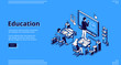 © klyaksun - Education isometric landing page. Teacher conduct lesson in class with students sitting at desks. Lesson in school, university or college with tutor writing on chalkboard 3d vector line art web banner