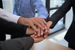 Business teamwork colleague top view putting join hands together for company office project concept with selective focus