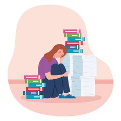 Sticker - woman sitting with stress attack and stack documents vector illustration design